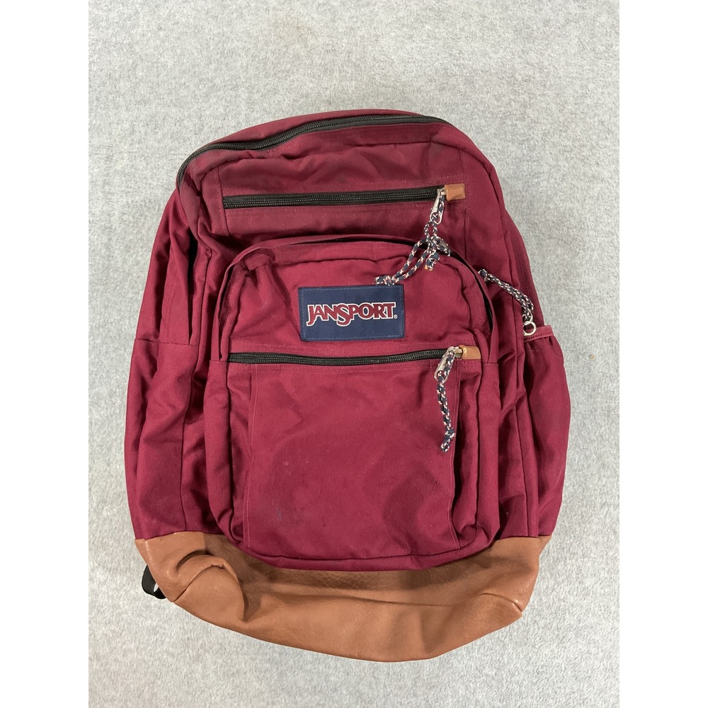 JanSport Cool Student Backpack Burgundy Maroon Leather Bottom School Bag